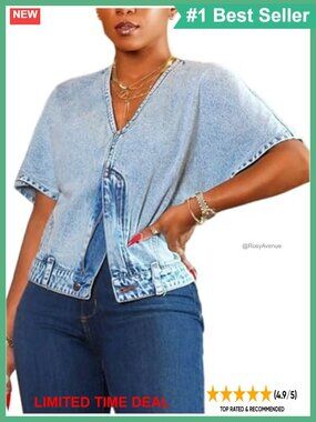 Women's Denim Tops V Neck Short Sleeve Split Zipper Front Jean Shirt Blouse